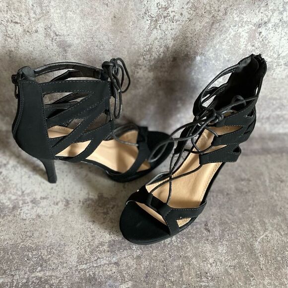 Strappy Sexy Stiletto Lace Up Heels Black 8.5 Top Moda Nubuck - Picture 7 of 12